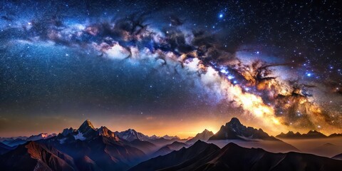 Milky Way galaxy shining brightly over the majestic silhouette of a mountain range, Milky Way, galaxy, stars, sky, night