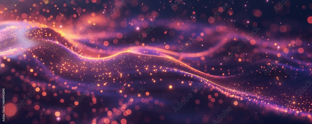Poster abstract digital waves with glowing points and motion blur in purple and pink hues. futuristic techn