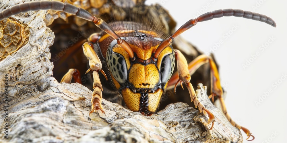 Poster A close-up view of a wasp resting on wooden texture