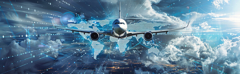 A futuristic airplane flies through the sky, with a digital world map behind it, symbolizing global connectivity and modern air travel