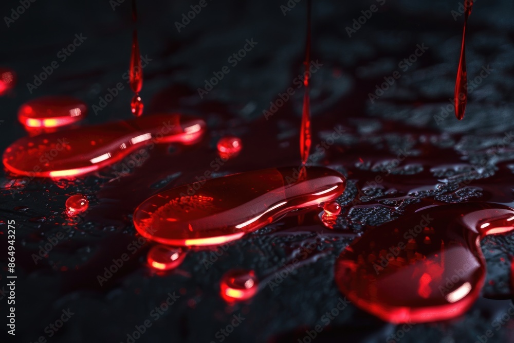 Poster close-up of individual water droplets on a surface, suitable for use in illustrations about chemistr