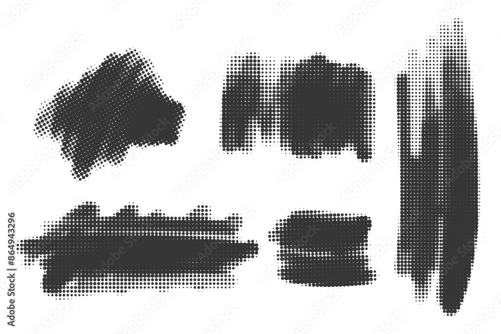 Poster halftone noisy gradient paint brush stroke. dotted vector blobs. abstract grunge elements isolated o