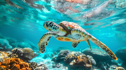 Obraz premium Green Turtle Swimming in the Blue Sea -