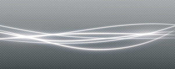 Vector png background with white glowing lines. White glowing lines of speed. Light glow effect. Light trail wave, fire trail line and glow curve swirl.