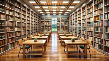 Fototapeta premium Quiet library with rows of bookshelves and reading tables, serene, calm, peaceful, solitude, silent, tranquil, books
