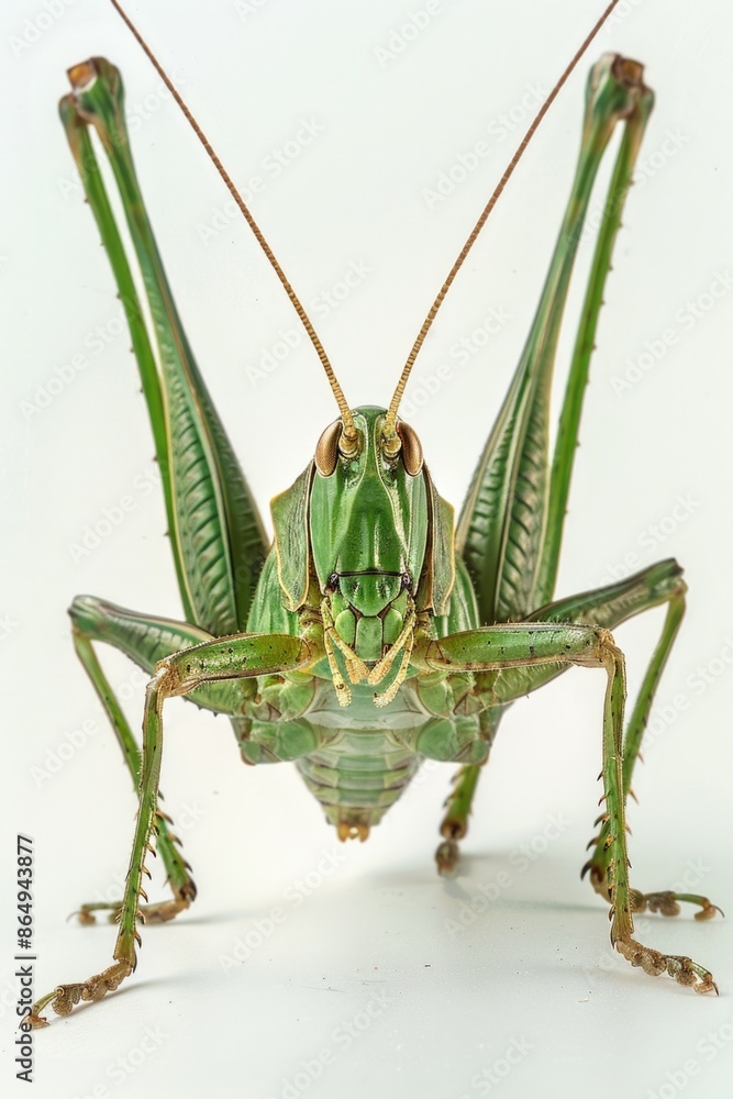 Poster A close-up view of a grasshopper on a white surface