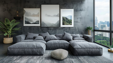 A modern living room with sophisticated furniture, large windows with natural light, and a clean design, providing a spacious and comfortable environment ideal for relaxation and social gatherings.