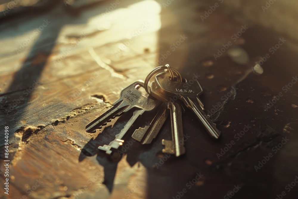 Poster a collection of keys arranged on a wooden table, ideal for use in images about organization, storage
