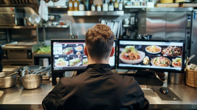 Chef sits at his desk, designing menus and organizing kitchen inventory on multi computer screens. It is a wide shot taken with high resolution photography, view from behind