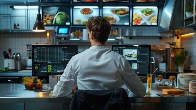 Chef sits at his desk, planning recipes and managing kitchen staff schedules on multi computer screens. It is a wide shot taken with high resolution photography, view from behind