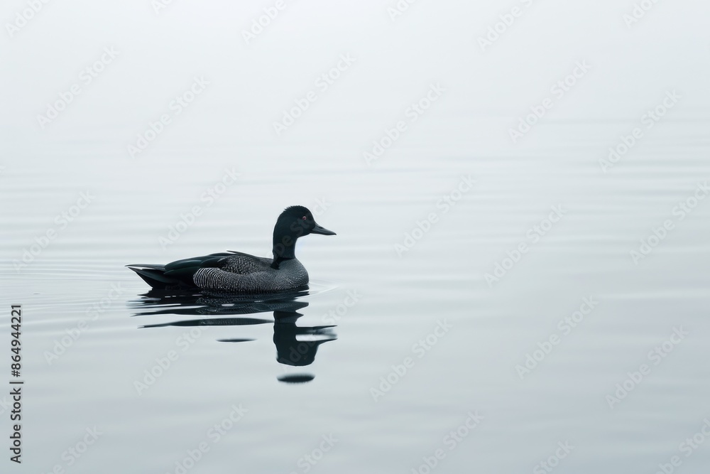 Poster a single duck floating on the calm surface of the water, perfect for nature or wildlife themed proje