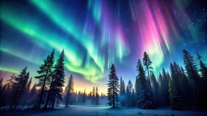 Fototapeta premium A stunning aurora borealis dancing in the night sky above a peaceful forest, Aurora, borealis, northern lights, night sky, forest