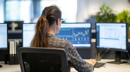 Marketing manager sits at her desk, coordinating promotional activities and tracking metrics on multi computer screens.