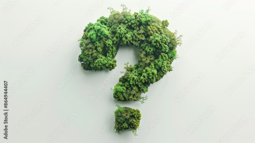 Poster a creative design featuring a question mark composed of small green plants, ideal for representing c