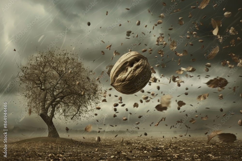 Poster tree shedding autumn leaves in a field, a surreal depiction of a walnut falling from a tree