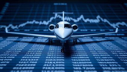 A corporate jet is prominently displayed, facing the camera with a backdrop of vital stock market data, emphasizing the confluence of high finance and aviation.