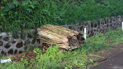 The object is a collection of bamboo pieces on the edge of a cast fence