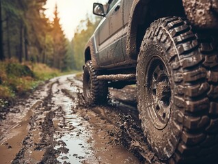 A detailed shot of a truck's wheels navigating a muddy road, showcasing its off-road capabilities