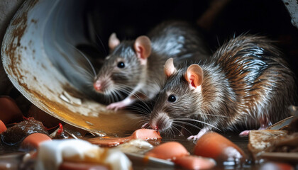 Close-up of filthy sewer rats in a dark, garbage-filled environment. disease, pest infestation.