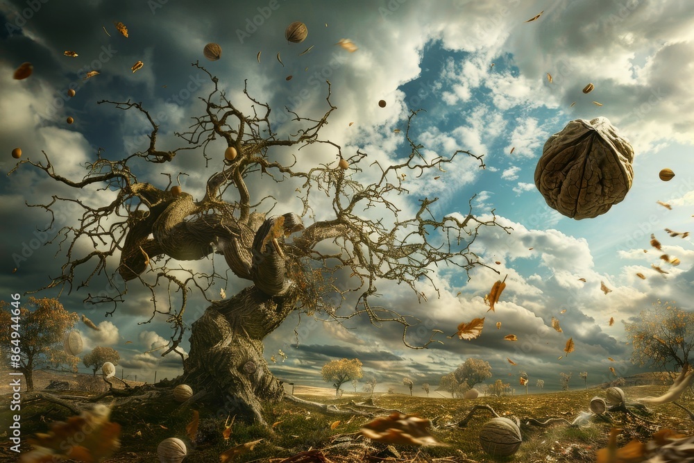 Poster a walnut tree stands alone in the middle of a vast field, a surreal depiction of a walnut falling fr