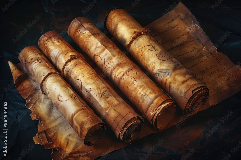 Aufkleber Papers rolled up on a table, often used as a decorative or organizational element
