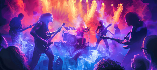 A rock band performs on stage in a hazy, colorful atmosphere, illuminated by dynamic lights