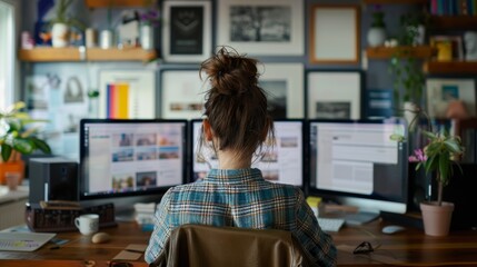 Social media manager sits at her desk, planning content and analyzing engagement metrics on multi computer screens. It is a wide shot taken with high resolution photography, view from behind