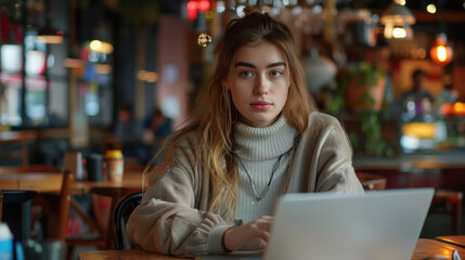 Fototapeta premium A young professional working on a laptop in a stylish cafe Photography