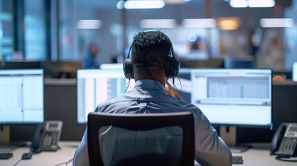 Customer support specialist sits at his desk, providing solutions and handling customer interactions on multi computer screens.