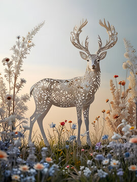 A creative rendition of a reindeer, its delicate paper cut body adorned with intricate patterns and designs, standing proudly in a field of wildflowers, a representation of the limitless possibilities