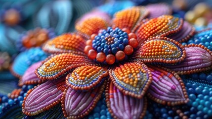 High-definition image of intricate beadwork on a traditional textile, 8K, Full HD.