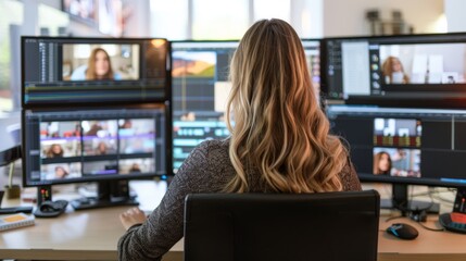 Public relations specialist sits at her desk, managing media relations and creating press releases on multi computer screens.
