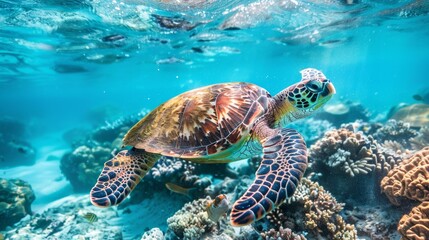 Obraz premium Green Turtle Swimming in the Blue Sea -