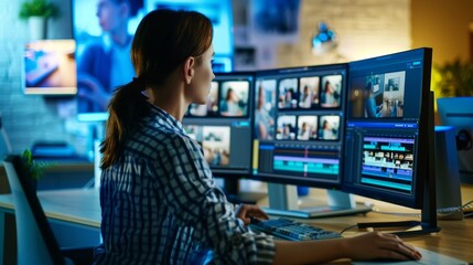 Content creator sits at her desk, scripting videos and editing visual content on multi computer screens