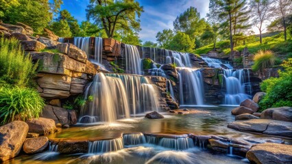 Scenic waterfall cascading down rocks in a peaceful park setting, waterfall, park, nature, scenery, tranquil, serene, landscape