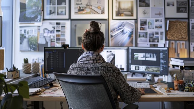 Interior designer sits at her desk, creating mood boards and visualizing design concepts on multi computer screens