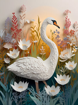 A majestic swan, with feathers as white as snow, stands gracefully on the shore, its reflection shimmering in the crystal clear water. The intricate details of its paper cut design.