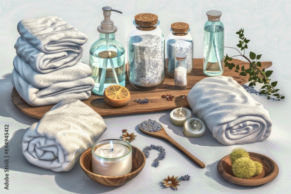 Poster A wooden tray filled with towels and bottles, great for use in spas or bathrooms