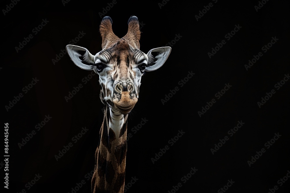 Poster a close-up view of a giraffe against a dark or black background