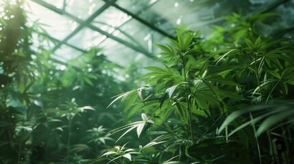 A greenhouse filled with various green plants and foliage