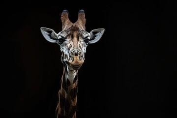 Naklejka premium A close-up view of a giraffe against a dark or black background