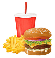 Cheeseburger and fries png, fast food, drinks illustration, transparent background
