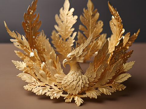 "Craft a majestic crown of pure 24 karat gold, without a single imperfection or hole, adorned with a fierce flaming phoenix emblem at its center. Bring this regal vision to life with the intricate art