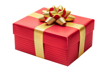 Fototapeta premium Red gift box wrapped with golden bow and ribbon isolated on white background.