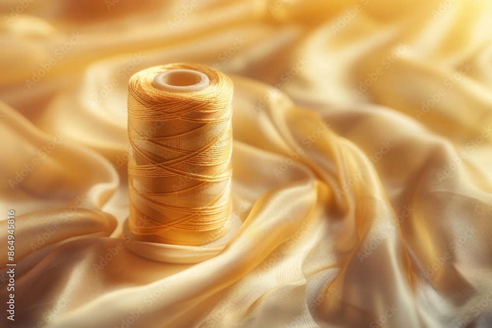 Poster a single spool of thread sits atop a white cloth, ready for use
