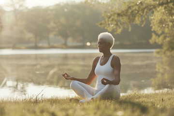 Fototapeta premium Woman meditating by a tranquil lake in the morning light. Peaceful expression and serene natural setting emphasizing relaxation and mindfulness