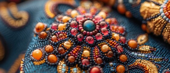 High-definition image of intricate beadwork on a traditional textile, 8K, Full HD.