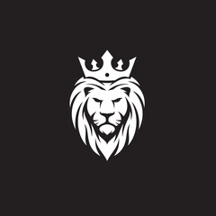 White King Lion Head wearing a Crown on Black background vector logo design template