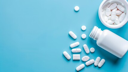 Pills spilled out of white bottle on blue background. Mock up for special offers as advertising or other ideas. Medical. pharmacy and healthcare concept. Copy space. Empty place for text or logo
