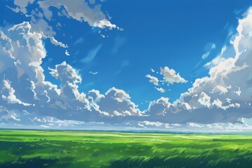 Fototapeta premium Beautiful scenery of a green field under a vast blue sky with white clouds. Summer landscape with calm and peaceful nature.